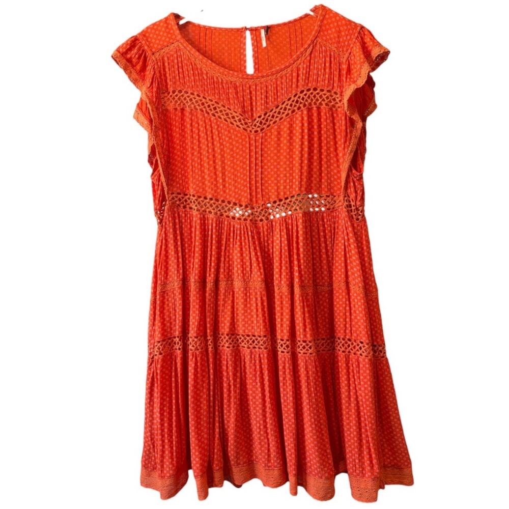 Free People Orange Floral Boho Mini Dress Crochet Lace Medium